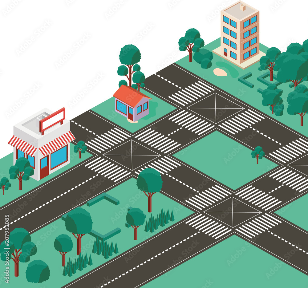 Sticker city scape isometric scene vector illustration design