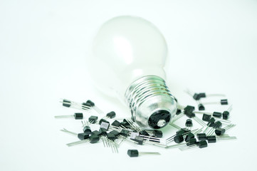 The bulb and the transistors isolated on a white background
