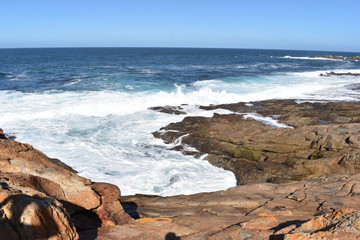 Wonderful landscape with the blue beach at the hiking trail at Robberg Nature Reserve in Plettenberg Bay, South Africa