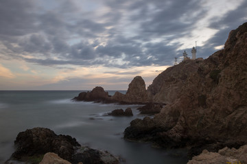 The cabo de gata lighthouse at sunset