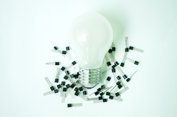 The bulb and the transistors isolated on a white background