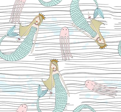 Vector seamless pattern with a mermaid and an octopus