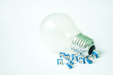 The bulb and the transistors isolated on a white background
