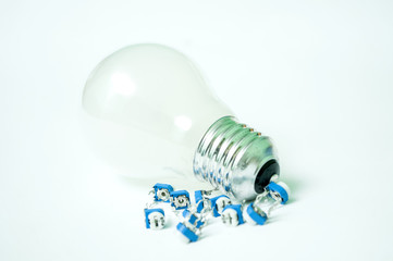 The bulb and the transistors isolated on a white background