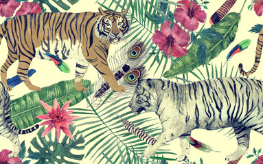 Seamless watercolor pattern with tigers, leaves, flowers.