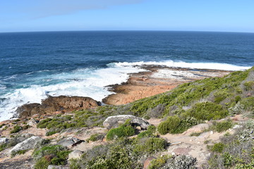 Wonderful landscape with the blue beach at the hiking trail at Robberg Nature Reserve in Plettenberg Bay, South Africa