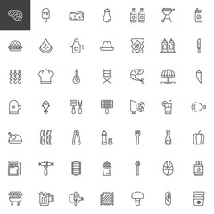 Barbecue outline icons set. linear style symbols collection, line signs pack. vector graphics. Set includes icons as Beef Steak, Ice cream, Cheese, Aubergine, Beer bottle, BBQ, Burger, Skewer, Grill