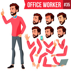 Office Worker Vector. Face Emotions, Various Gestures. Animation Creation Set. Corporate Businessman Male. Isolated Cartoon Illustration
