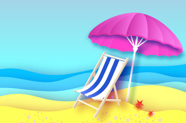 Fototapeta na wymiar Pink parasol - umbrella in paper cut style. Blue Chaise lounge. Origami sea and beach. Vacation and travel concept.