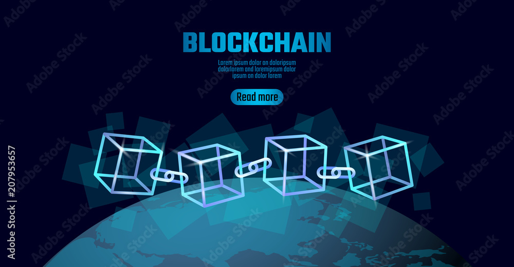 Poster blockchain cube chain symbol on square code big data flow information. blue neon glowing planet eart