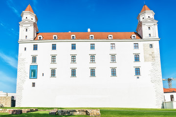 Naklejka premium Bratislava, Slovakia May 24, 2018: Bratislava castle. Bratislavsky Hrad close-up panorama with no people in sunny day. Exterior view of the castle in Bratislava.