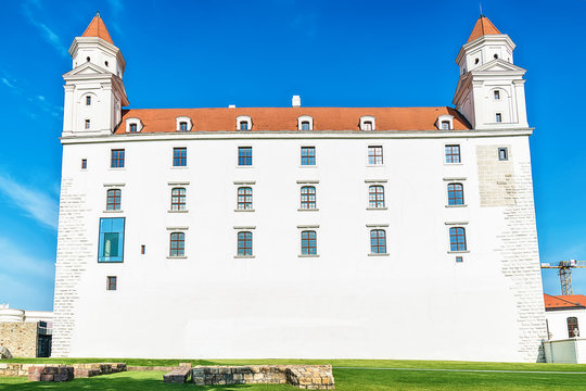 Bratislava, Slovakia May 24, 2018: Bratislava castle. Bratislavsky Hrad close-up panorama with no people in sunny day. Exterior view of the castle in Bratislava.