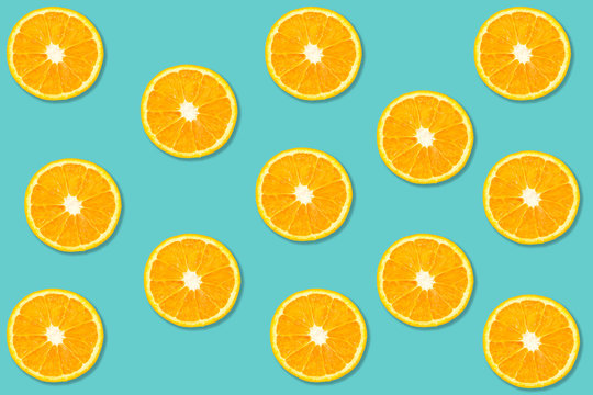top view of orange slice fruit on color background .