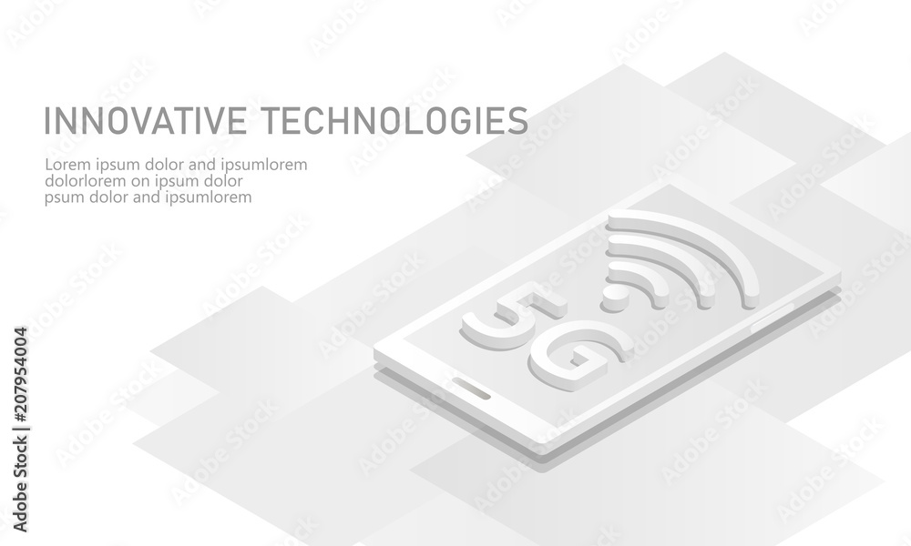 Poster 5g new wireless internet wifi connection. smartphone mobile device isometric white 3d flat. global n