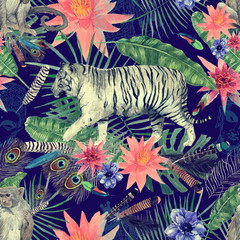 Seamless watercolor pattern with tigers, monkeys, leaves, flowers.