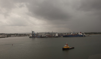 Cartagena Columbia the towboat sails from the container ship
