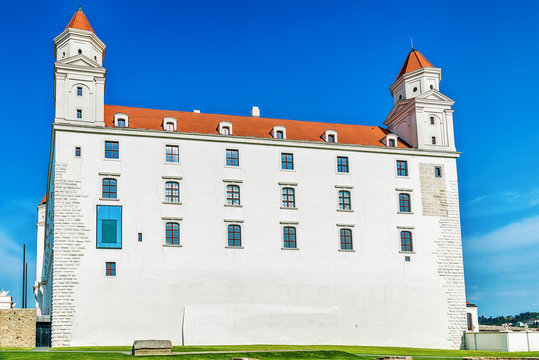 Bratislava, Slovakia May 24, 2018: Bratislava castle. Bratislavsky Hrad close-up panorama with no people in sunny day. Exterior view of the castle in Bratislava.