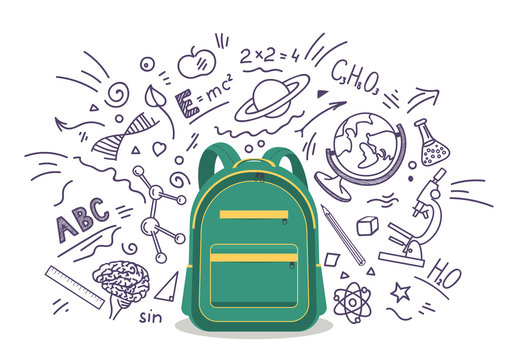 School Backpack With School Pen Doodle Background. Education, Subjects, Studying Concept. Vector Illustration.