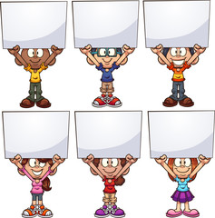 Cartoon kids holding white boards. Vector clip art illustration with simple gradients. Each on a separate layer. 