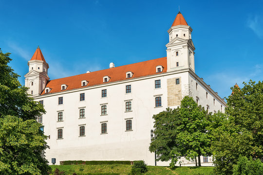 Bratislava, Slovakia May 24, 2018: Bratislava castle. Bratislavsky Hrad close-up panorama with no people in sunny day. Exterior view of the castle in Bratislava.