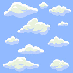 Cartoon clouds isolated on blue sky vector set. Fluffy clouds flat style.
