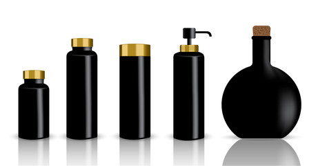 Mock up Realistic Black and Gold Cosmetic Bottles And Dropper Set Background Illustration