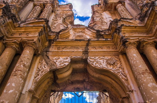 Ciudad de Guatemala, Guatemala, April, 25, 2018: Below view of ruins of the cathedral in Antigua Guatemala. La Antigua Guatemala, UNESCO World Cultural Heritage
