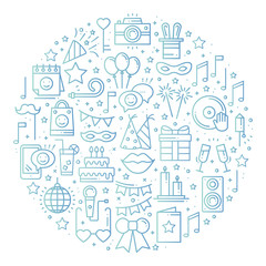 Circle with Party Symbols in Line Style. Basic Birthday Elements Concept Theme. Unique Party Round Print. Holidays event carnival festive. Mask Gifts Cake Cocktail Firework.