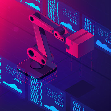 Isometric Automated Robot Arm. Smart Automated Robotic Arm Holding Box In A Warehouse. Modern Logistics Center In Vibrant Gradient Violet Color. Vector 3d Isometric Illustration Ultraviolet Background