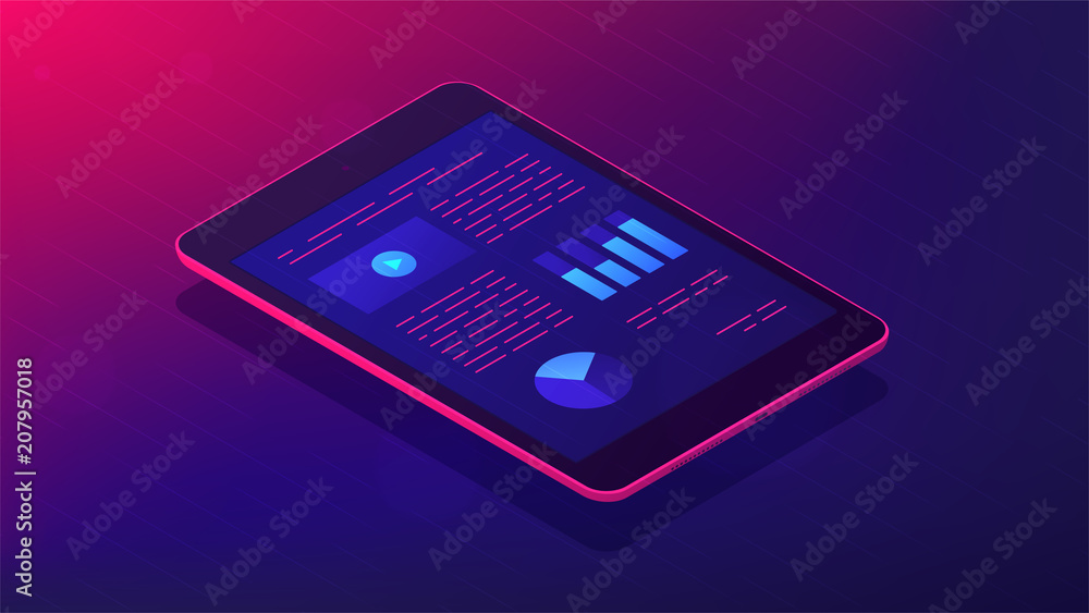 Poster isometric tablet with analysis infographic app on the screen. appliacantion with charts and graphics