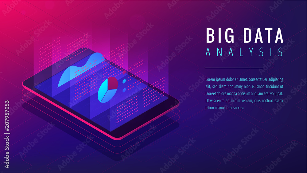 Poster isometric big data analysis landing page concept. cloud application with 3d charts graphics of big d