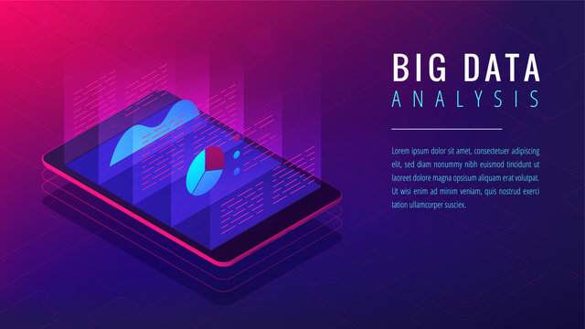 Isometric big data analysis landing page concept. Cloud application with 3d charts graphics of big data analytics statistics on the tablets screen in violet color. Vector ultraviolet background
