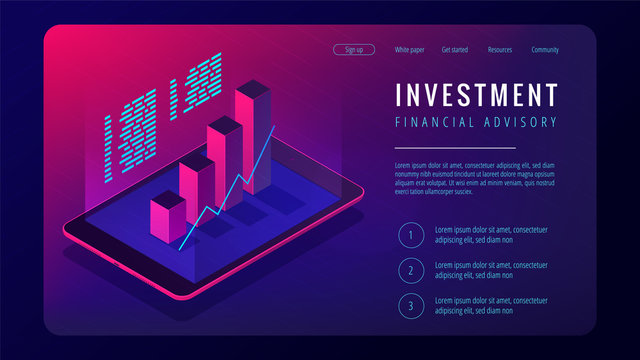 Isometric investment and financial advisory landing page concept. Tablet with 3d charts graphics of investment growth statistics on the screen in violet color. Vector ultraviolet background