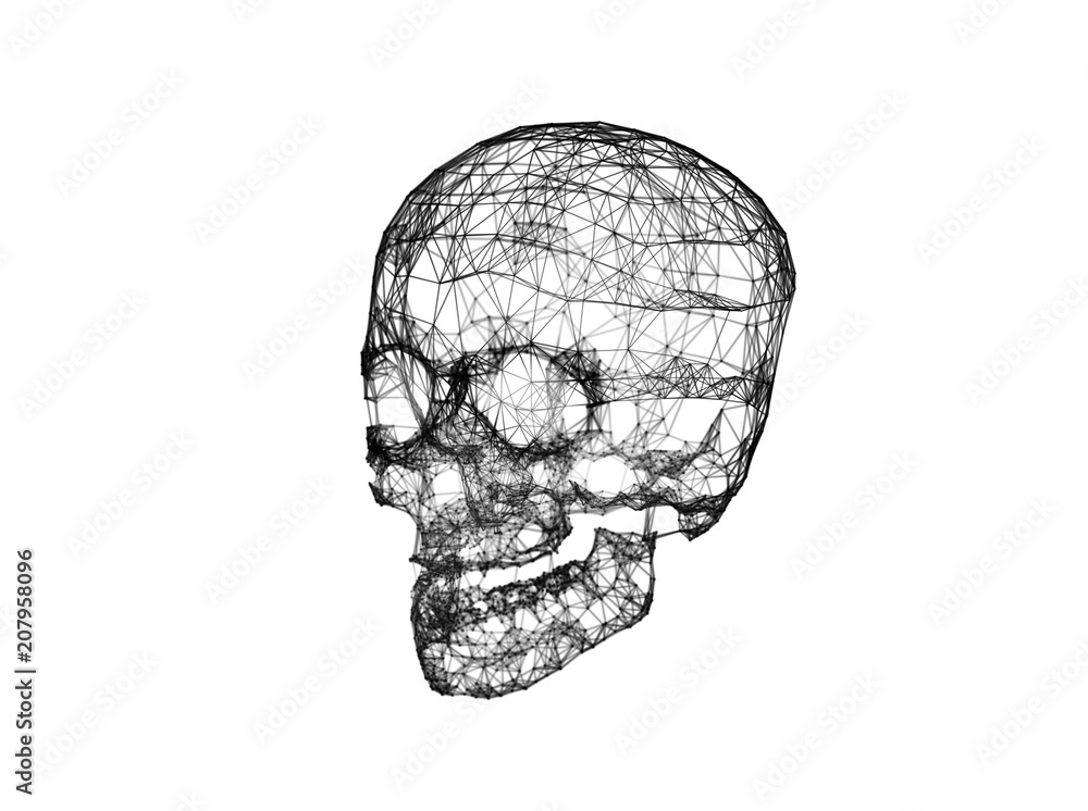 Poster skull with network connection black lines isolated on white background in halloween concept. 3d illu