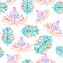 Fototapeta na wymiar Watercolor seamless pattern with branches in Eastern style on white background isolated, oriental ornament pattern