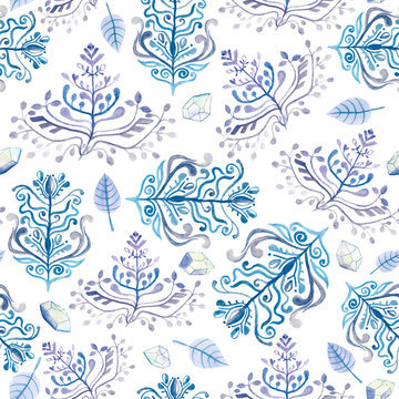 Winter patterns seamless pattern on white background, twigs and frozen leaves, snow and hoarfrost branches watercolor painting
