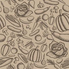 Vector image of painted vegetables on a brown background. Graphic vintage seamless pattern.