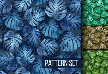 Pattern Set. Monstera leaves seamless tropical background for cloth, wallpaper, print.