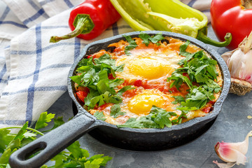 Shakshuka in a cast iron pan.