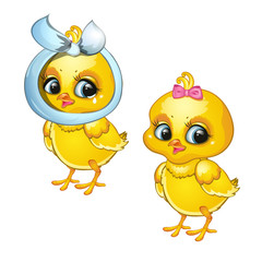 Healthy and diseased chicken isolated on white background. Vector cartoon close-up illustration.