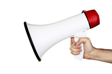 Female hand holding megaphone on white background