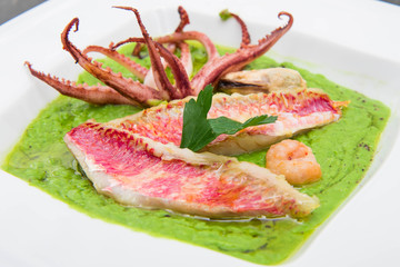 peas soup with mullet fillet and tentacles of squid