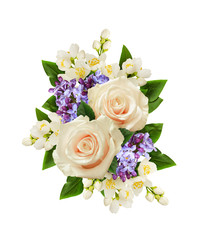 White roses, jasmine and lilac flowers in festive arrangement