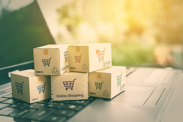 Online shopping / ecommerce and delivery service concept : Paper cartons with a shopping cart or...