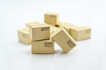 International freight or worldwide shipping service concept : Paper cartons / boxes with logos on white background. Retailers or sellers always send goods to customers worldwide using freight service.