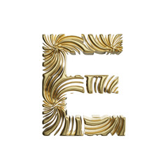 Alphabet letter E uppercase. Golden font made of shiny yellow metal. 3D render isolated on white background.