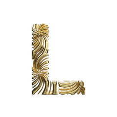 Alphabet letter L uppercase. Golden font made of shiny yellow metal. 3D render isolated on white background.