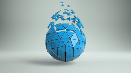 Grunge blue sphere and exploded polygons 3D rendering