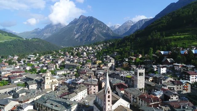 Aerial view over the village, city of Bormio in Valtellina. Province of Sondrio in the Italian Alps