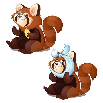 Healthy and diseased Red Panda isolated on white background. Vector cartoon close-up illustration.